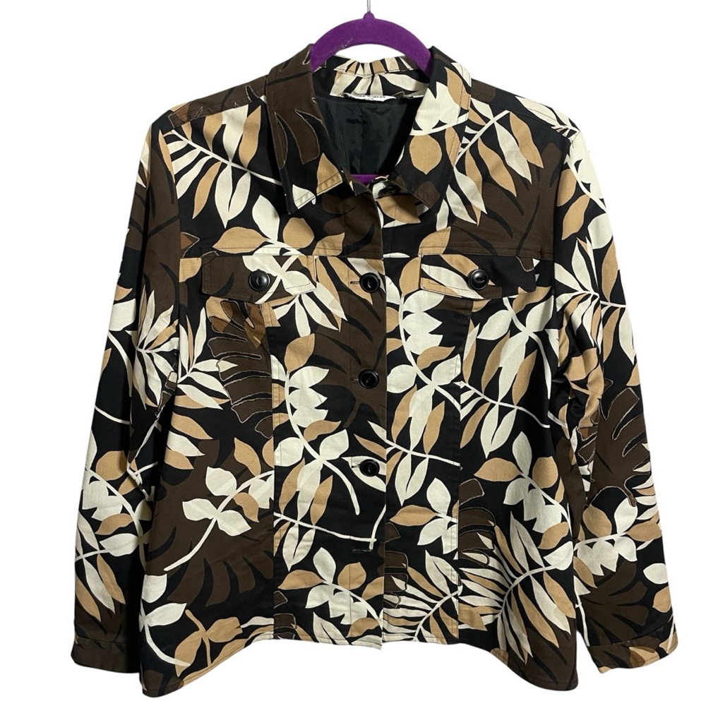 Laura Ashely botanical tropical print brown black embroidered jacket